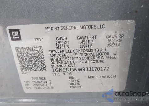 2018 Chevrolet Traverse 1Lt z USA, uszkodzony, nr VIN 1GNERGKW9JJ170172